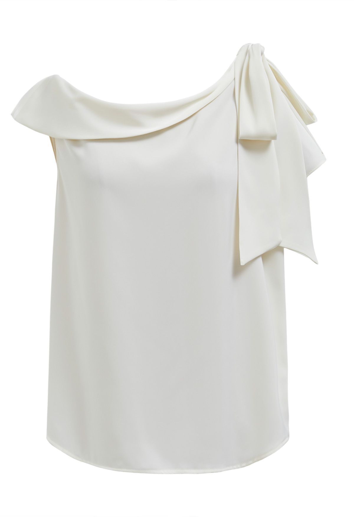 Side Bowknot Asymmetrical Neckline Satin Top in Ivory