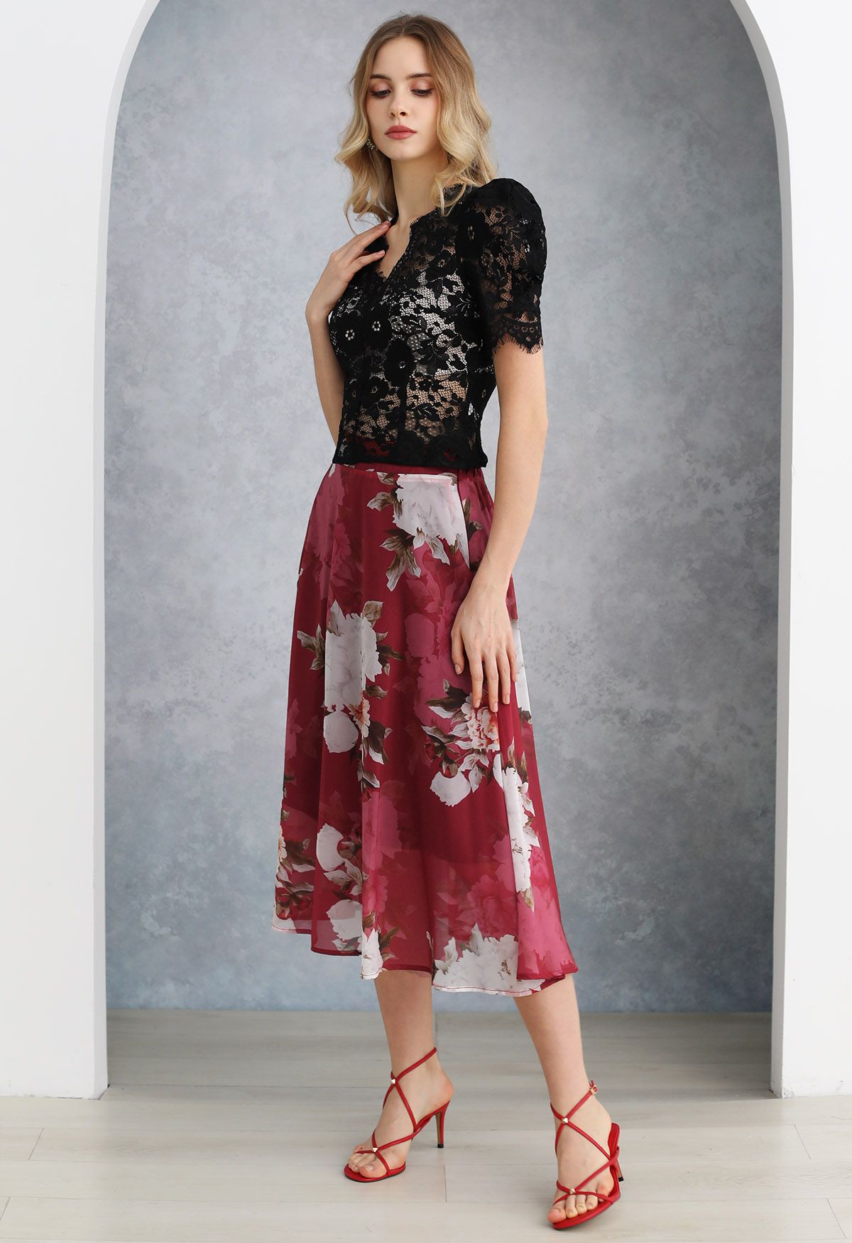 Bright Peony Soft Organza Flare Midi Skirt