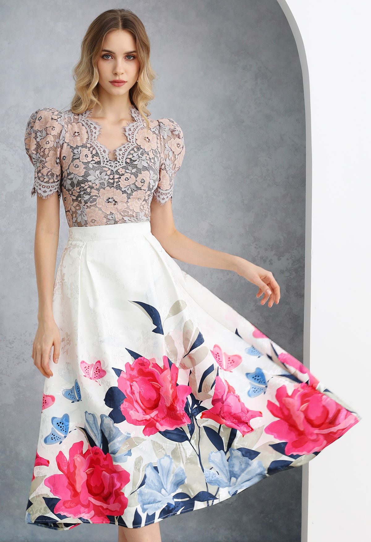 Garden Blossom Jacquard Pleated Flare Midi Skirt