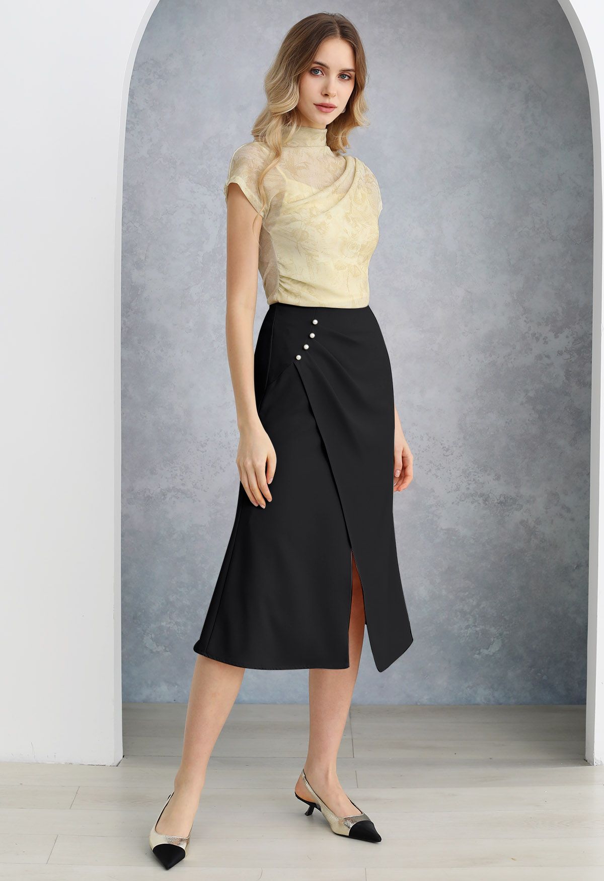 Pearl Side Pleats Asymmetric Flap Midi Skirt in Black