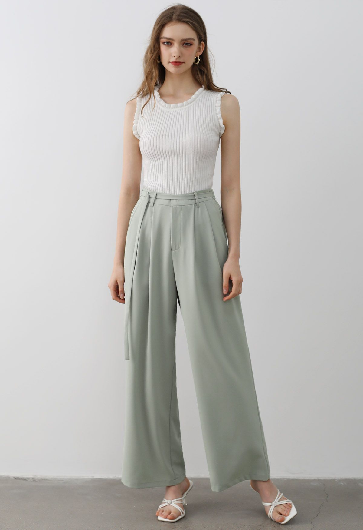 Belted Waist Pleated Palazzo Pants in Pea Green