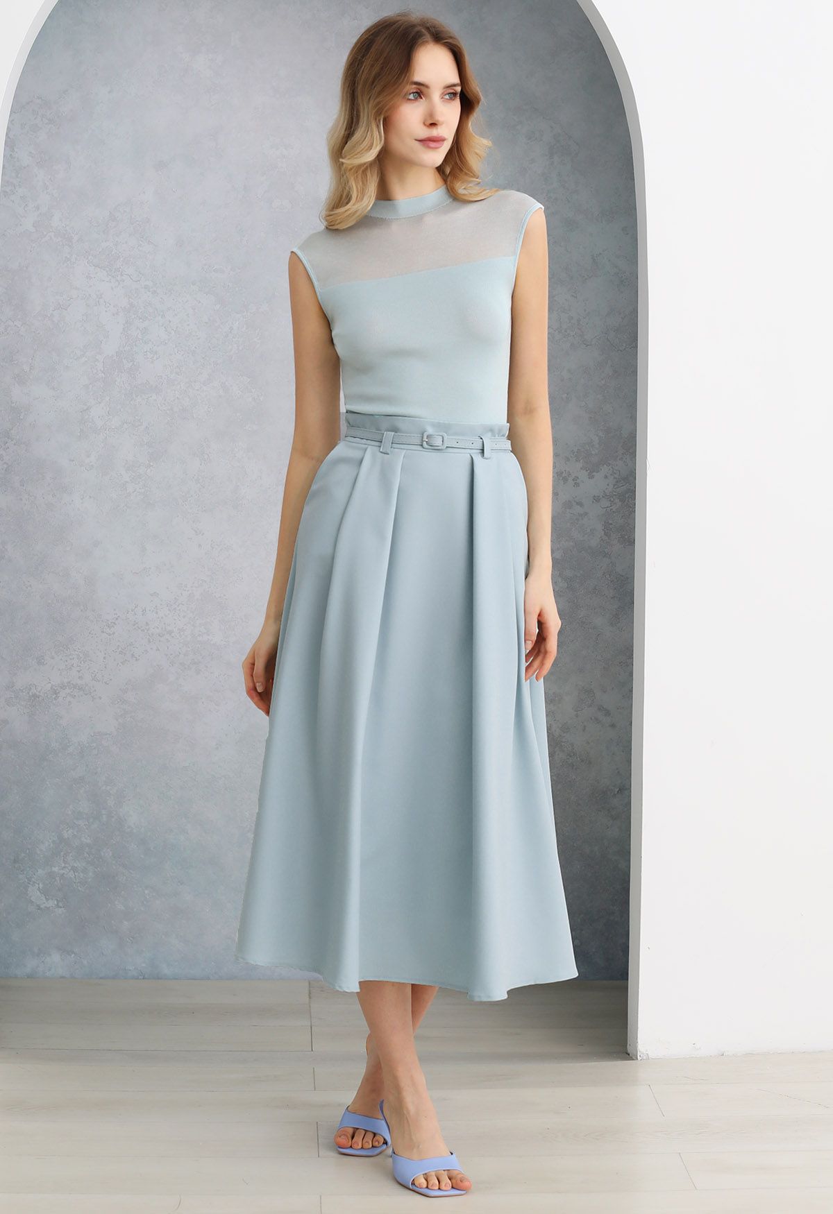 Side Pockets Pleated Belt Midi Skirt in Dusty Blue