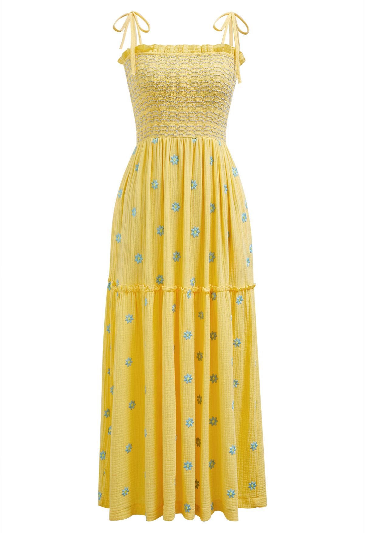 Floret Embroidery Tie-Shoulder Shirred Dress in Yellow