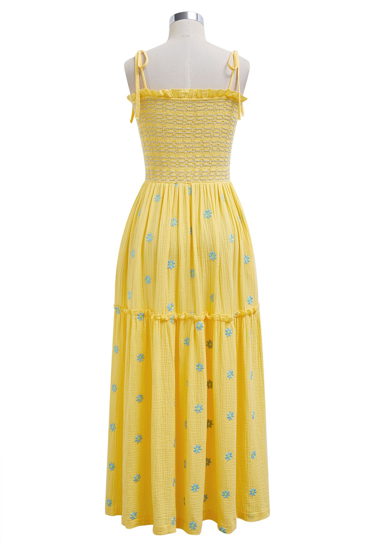 Floret Embroidery Tie-Shoulder Shirred Dress in Yellow