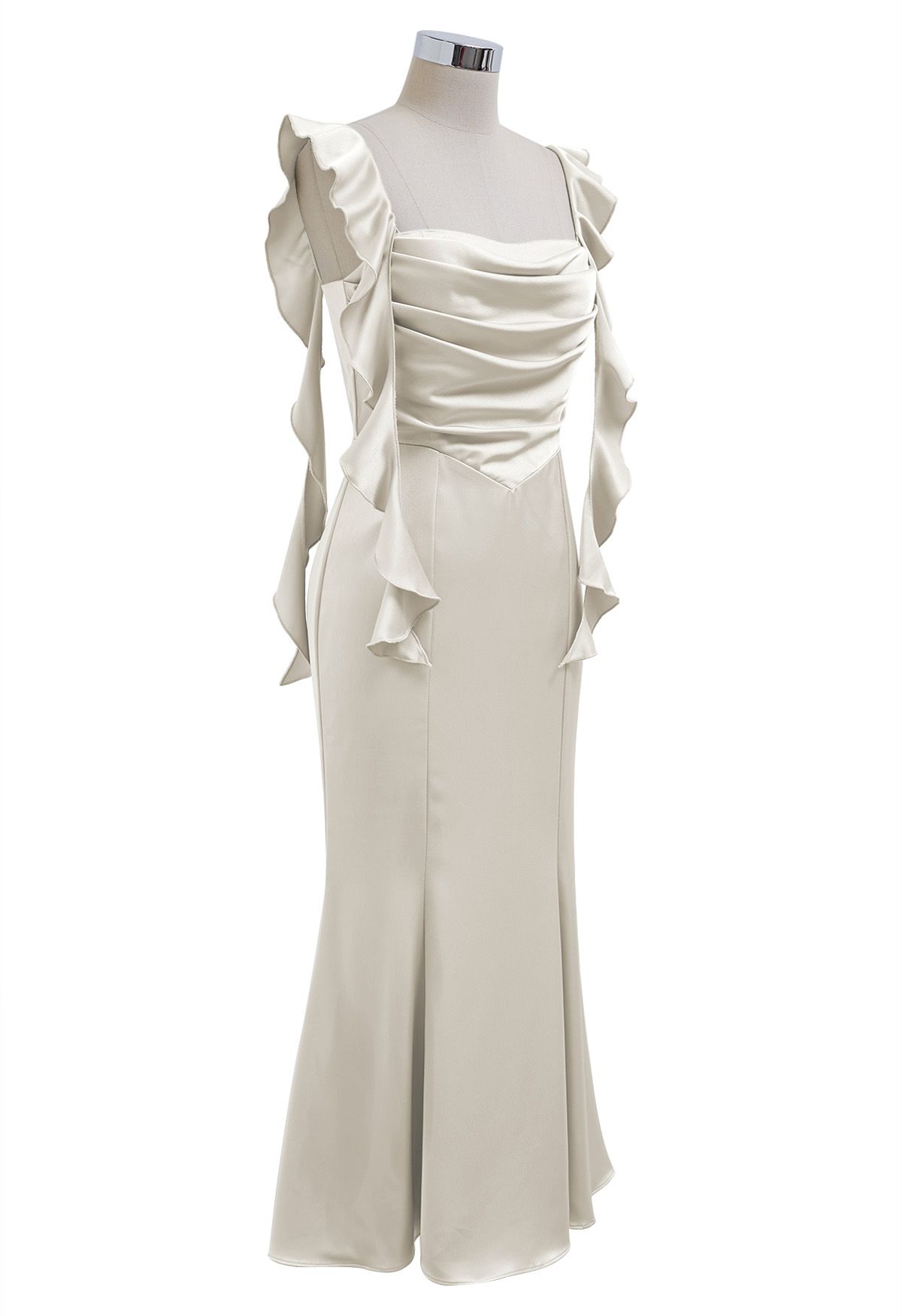 Cascading Ruffle Trim Ruched Satin Dress in Ivory