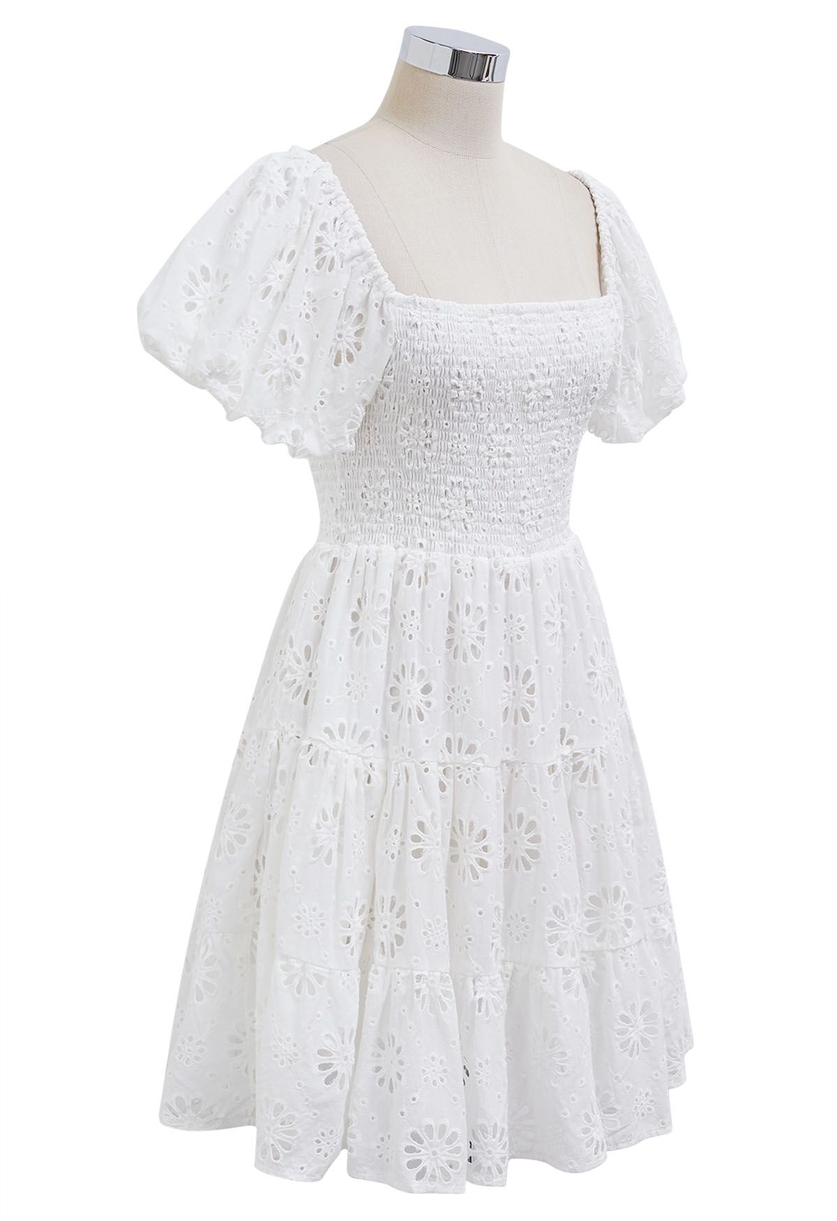 Floral Eyelet Bubble Sleeve Mini Dress in White