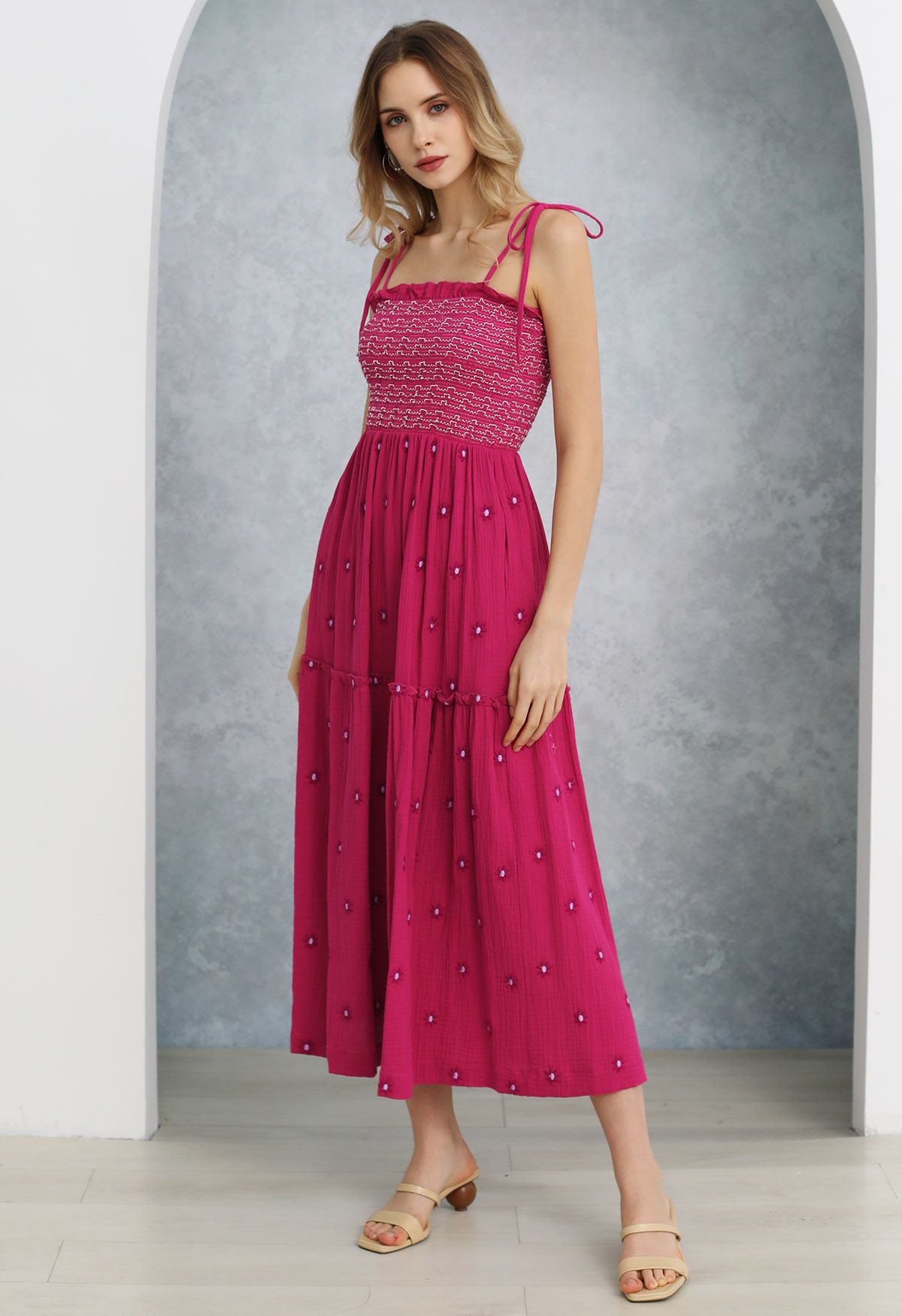 Floret Embroidery Tie Shoulder Shirred Dress in Hot Pink