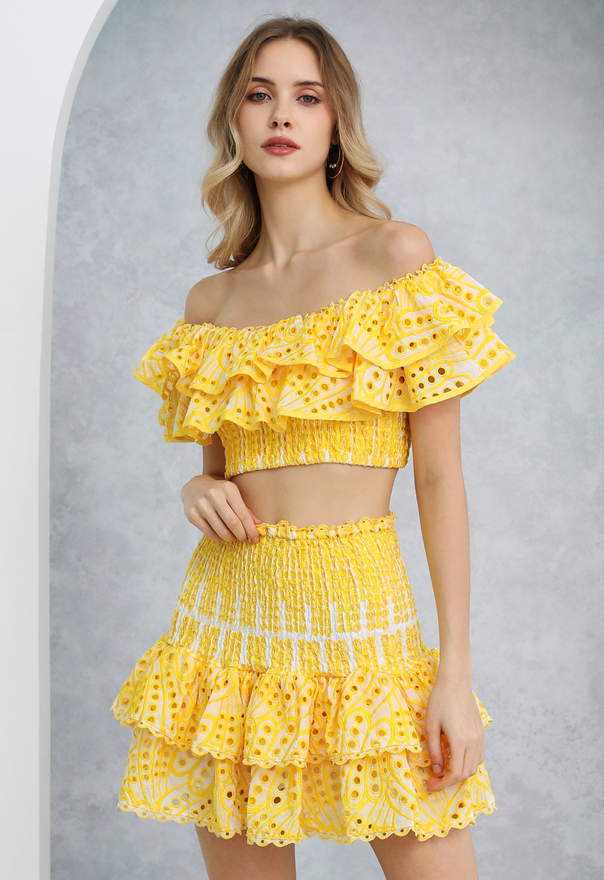 Ruffled Off Shoulder Shirred Crop Top and Mini Skirt Set in Yellow Retro Indie and Unique Fashion