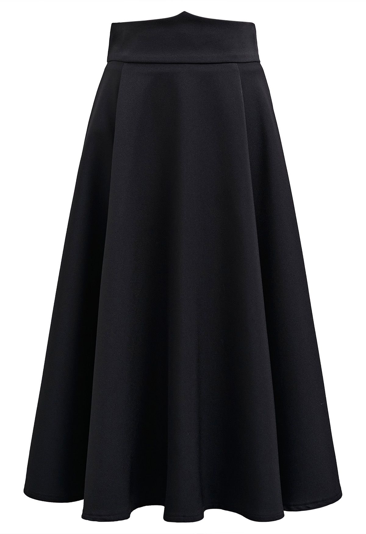 Solid Black High-Waist A-Line Midi Skirt 