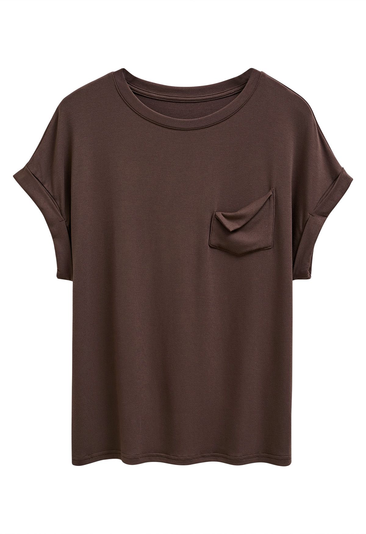 Pocket Trim Rolled Cuff T-Shirt in Brown