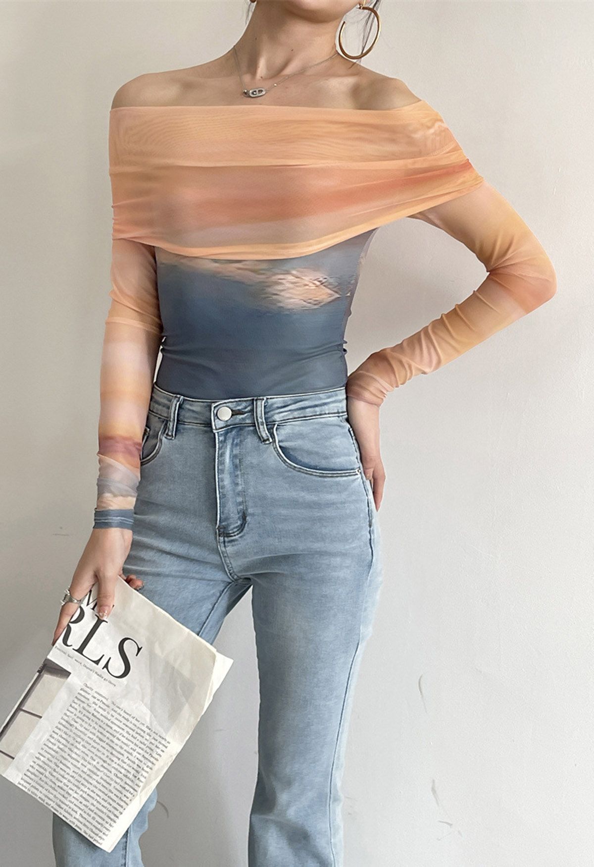 Gradient Tie Dye Off-Shoulder Mesh Top 