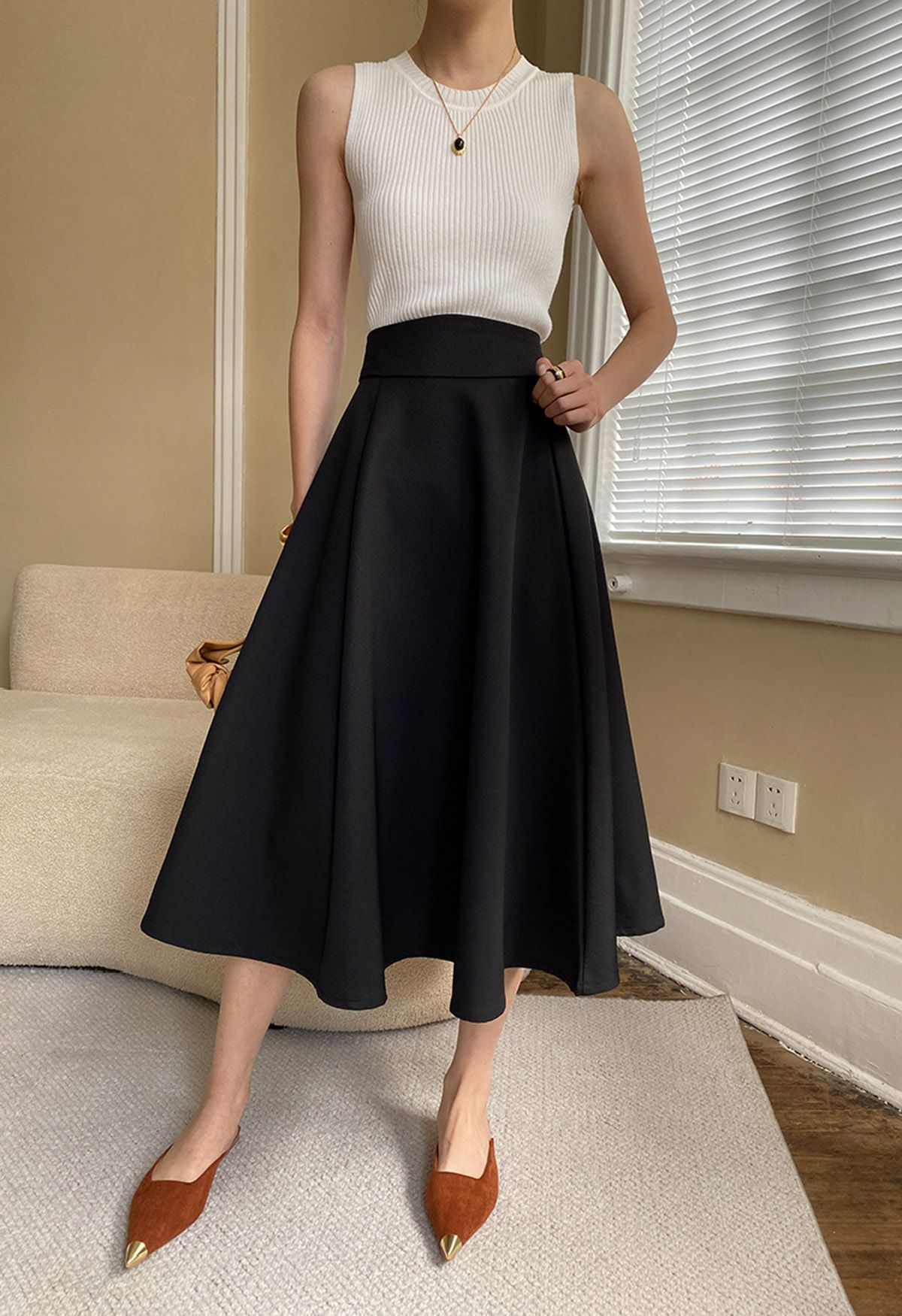 Solid Black High Waist A Line Midi Skirt