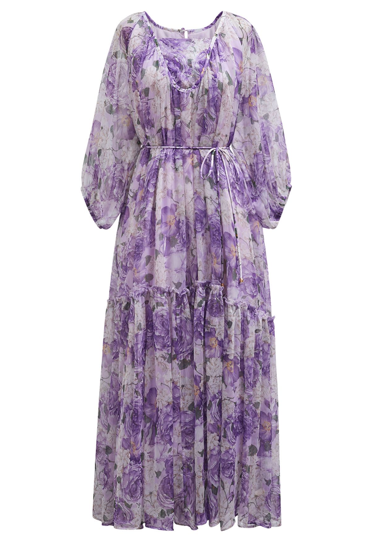 Gauzy Floral Print Bubble Sleeve Dolly Dress in Purple