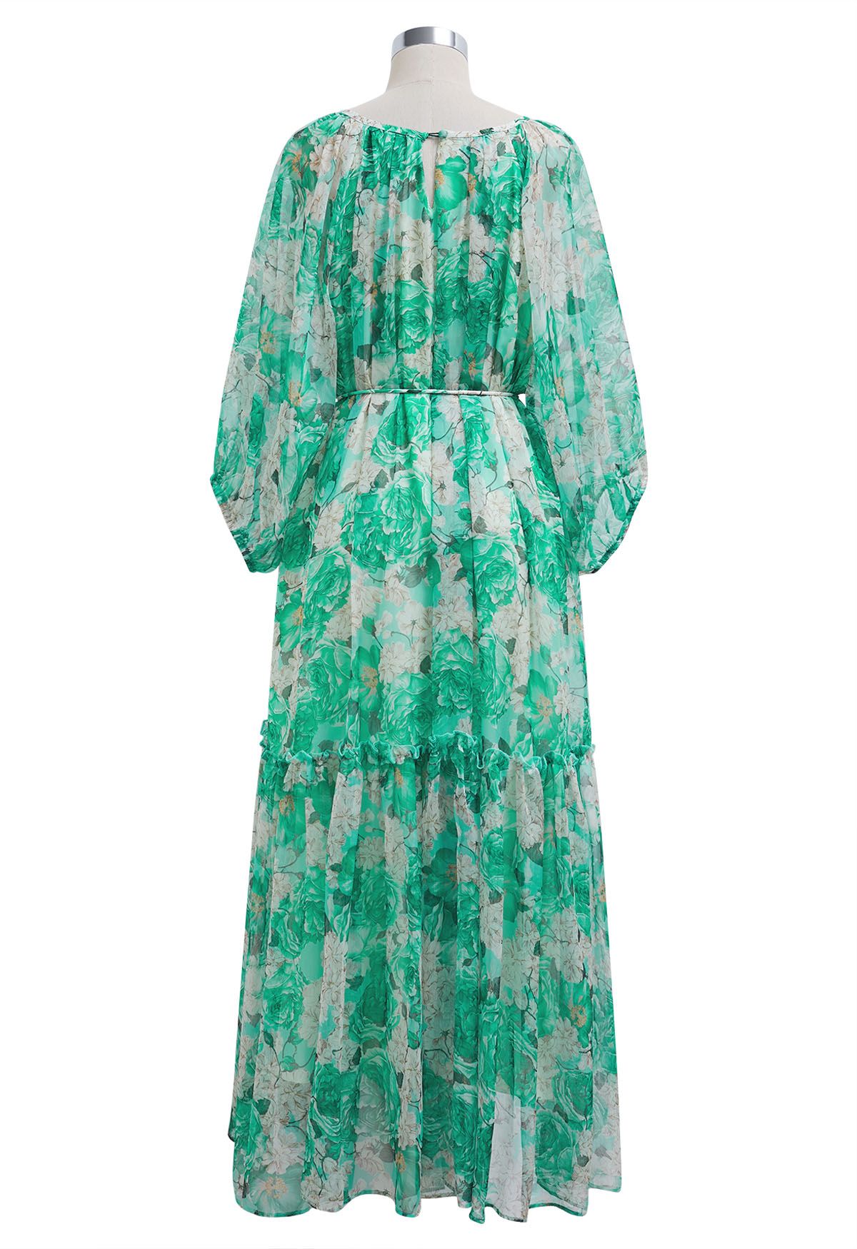 Gauzy Floral Print Bubble Sleeve Dolly Dress in Green