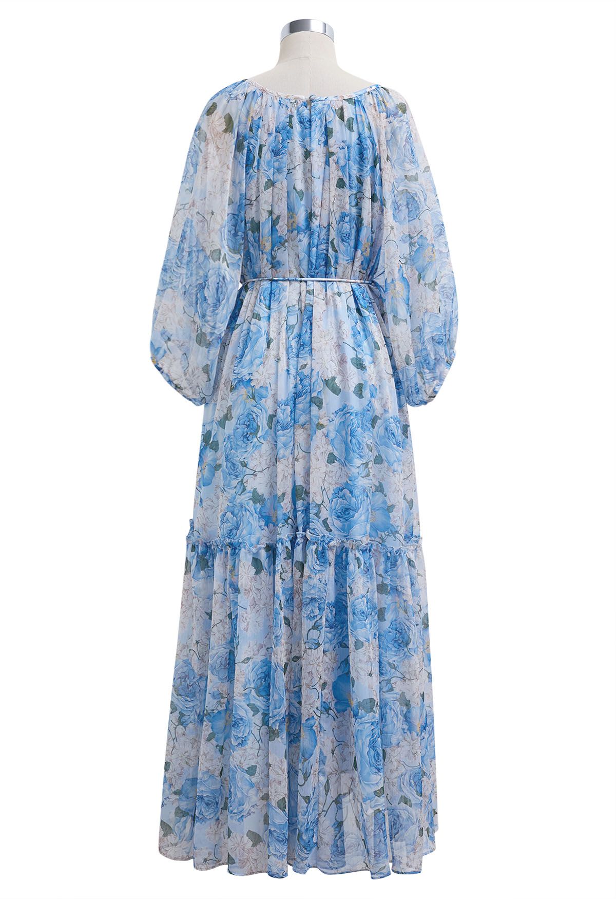 Gauzy Floral Print Bubble Sleeve Dolly Dress in Blue