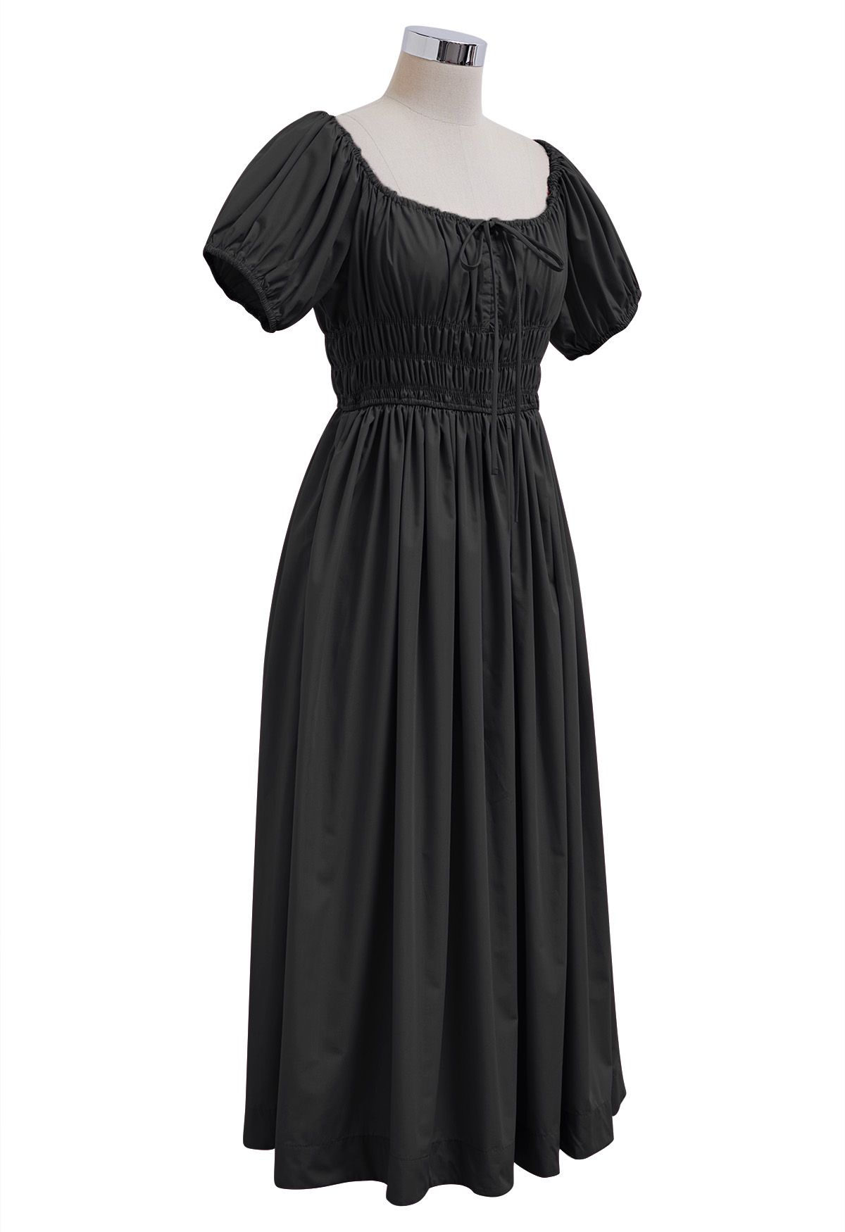 Square Neck Bubble Sleeve Shirred Midi Dress in Black