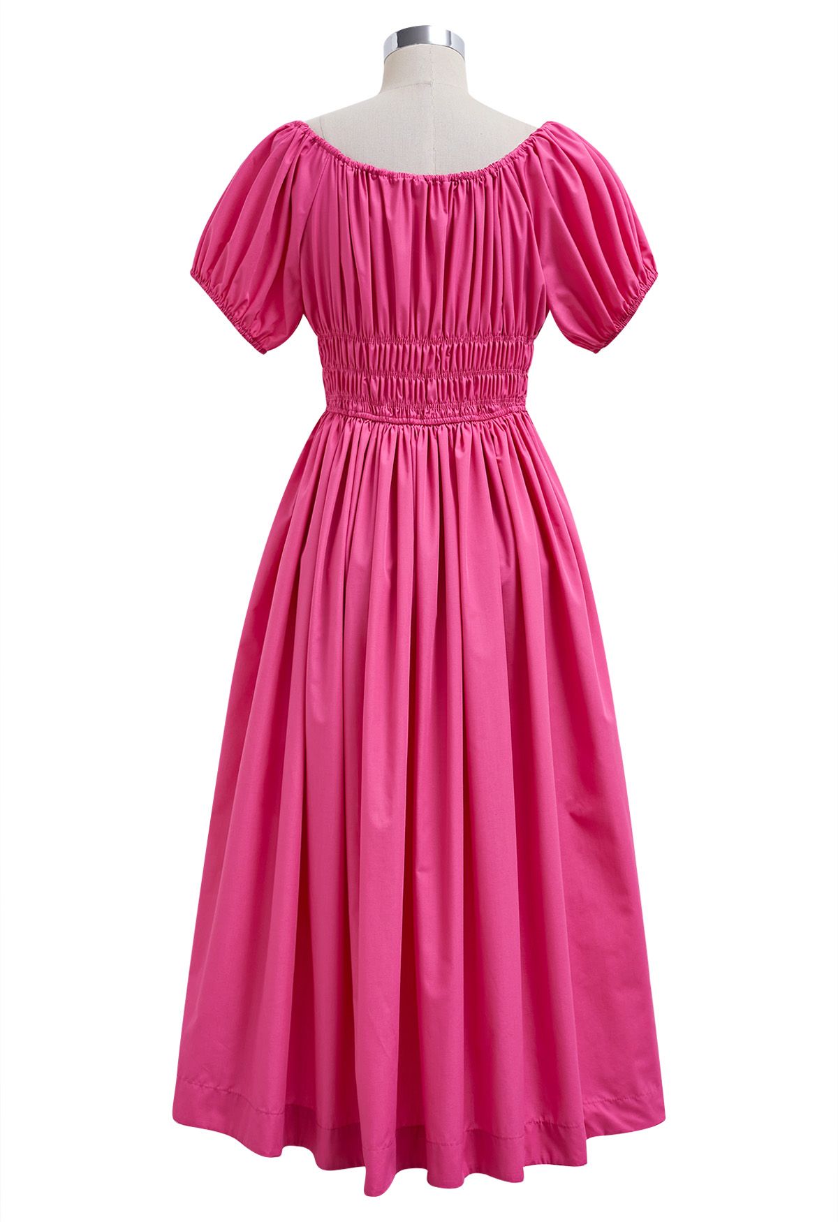 Square Neck Bubble Sleeve Shirred Midi Dress in Hot Pink