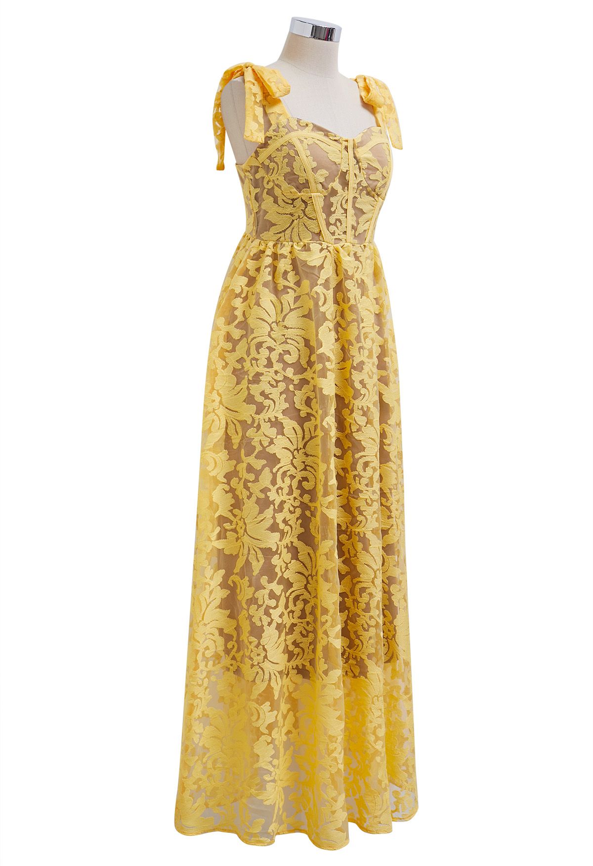 Yellow Embroidered Floral Organza Cami Dress