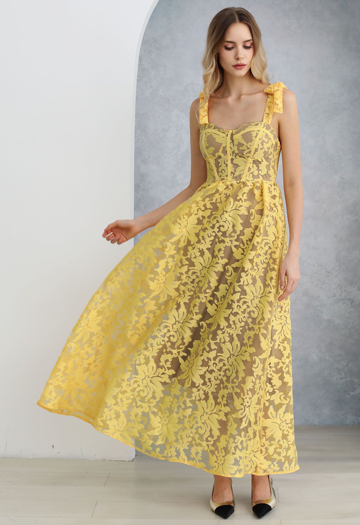 Yellow Embroidered Floral Organza Cami Dress