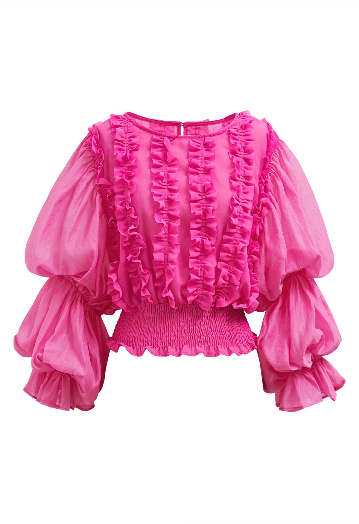 Bubble Sleeve Ruffle Trim Chiffon Spliced Crop Top in Magenta