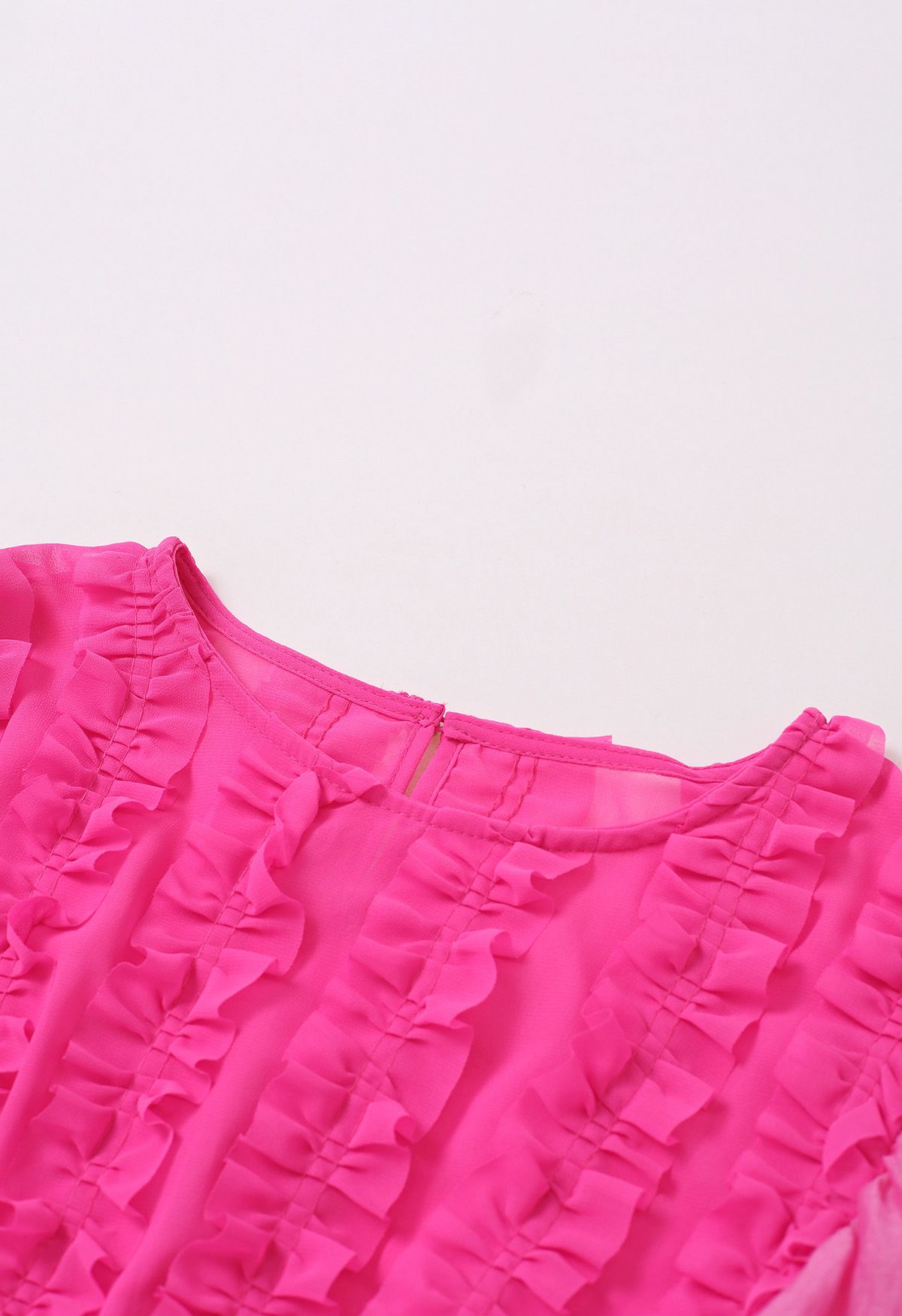 Bubble Sleeve Ruffle Trim Chiffon Spliced Crop Top in Magenta