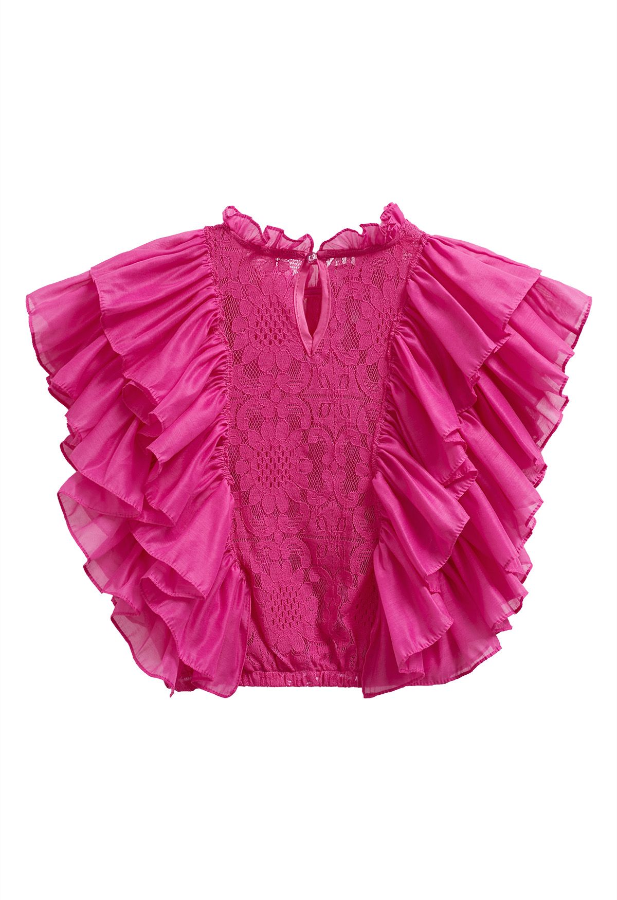 Tiered Ruffle Sleeveless Lace Crop Top in Magenta