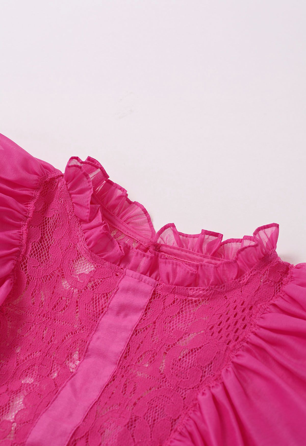 Tiered Ruffle Sleeveless Lace Crop Top in Magenta