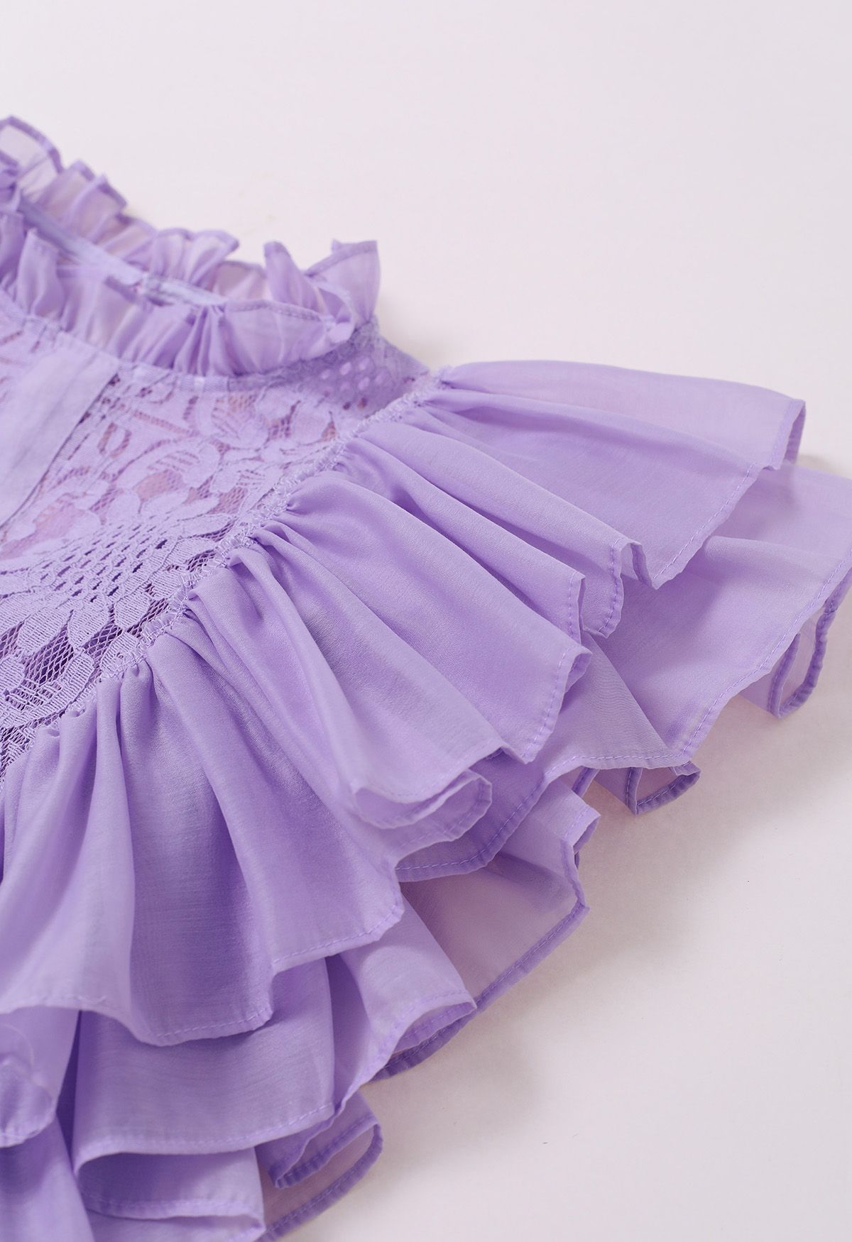 Tiered Ruffle Sleeveless Lace Crop Top in Lilac