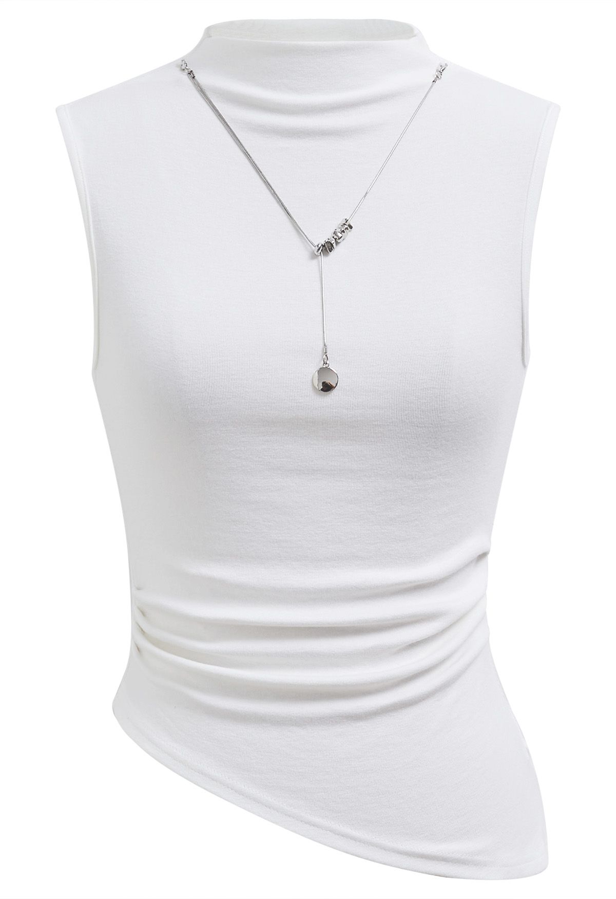 Detachable Necklace Adorned Asymmetric Sleeveless Top in White