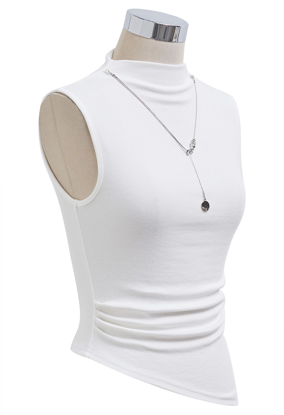 Detachable Necklace Adorned Asymmetric Sleeveless Top in White