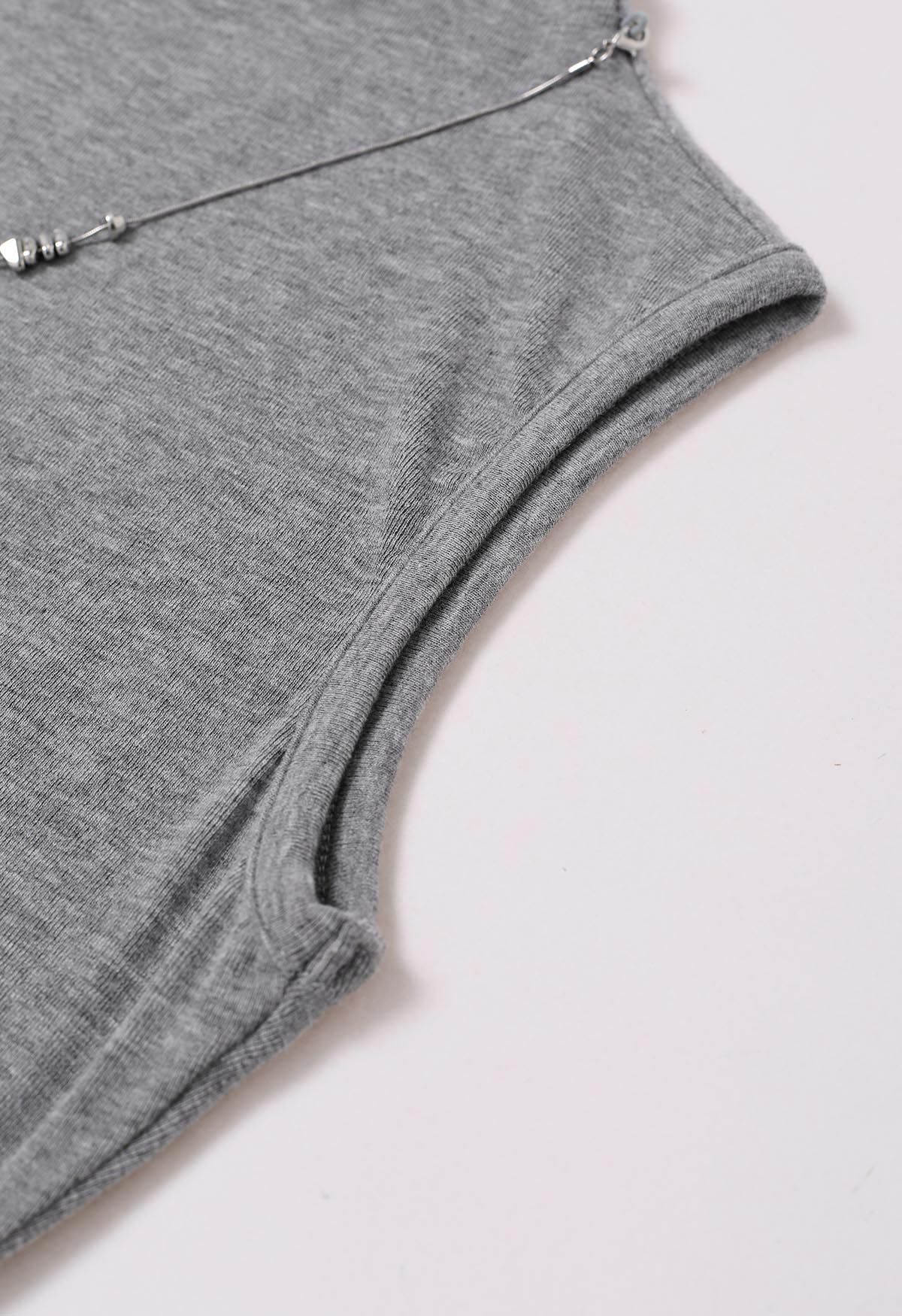 Detachable Necklace Adorned Asymmetric Sleeveless Top in Grey