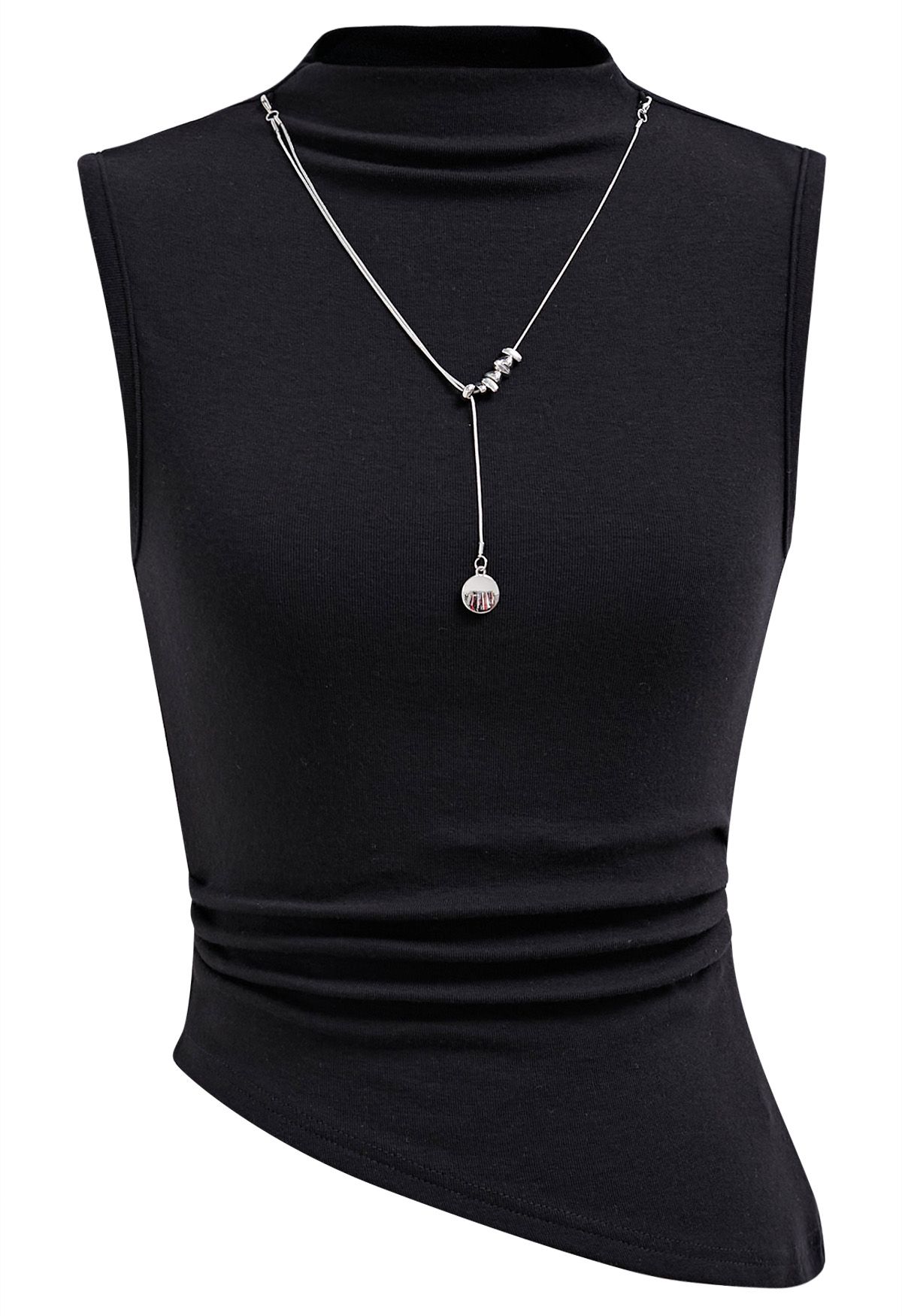 Detachable Necklace Adorned Asymmetric Sleeveless Top in Black