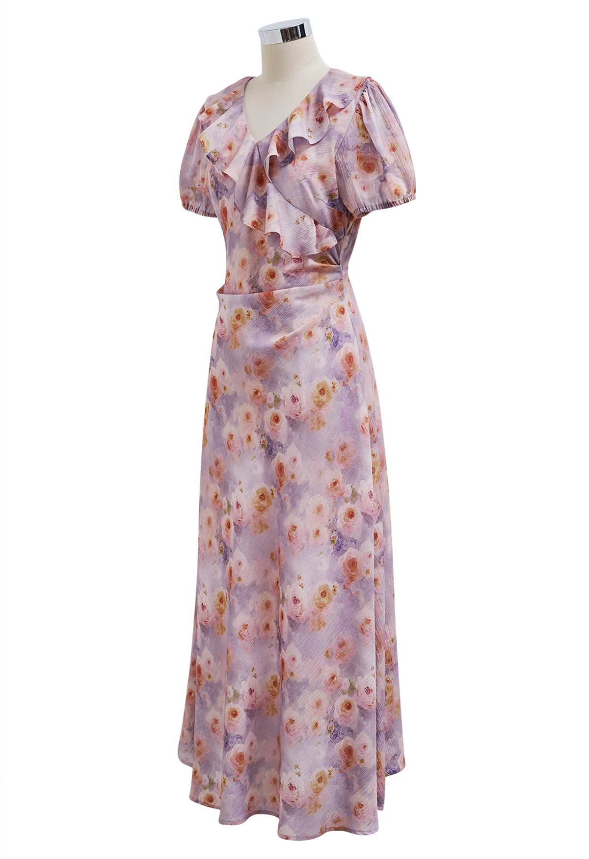 Rose Printed Ruffle Trim Maxi Dress in Lilac