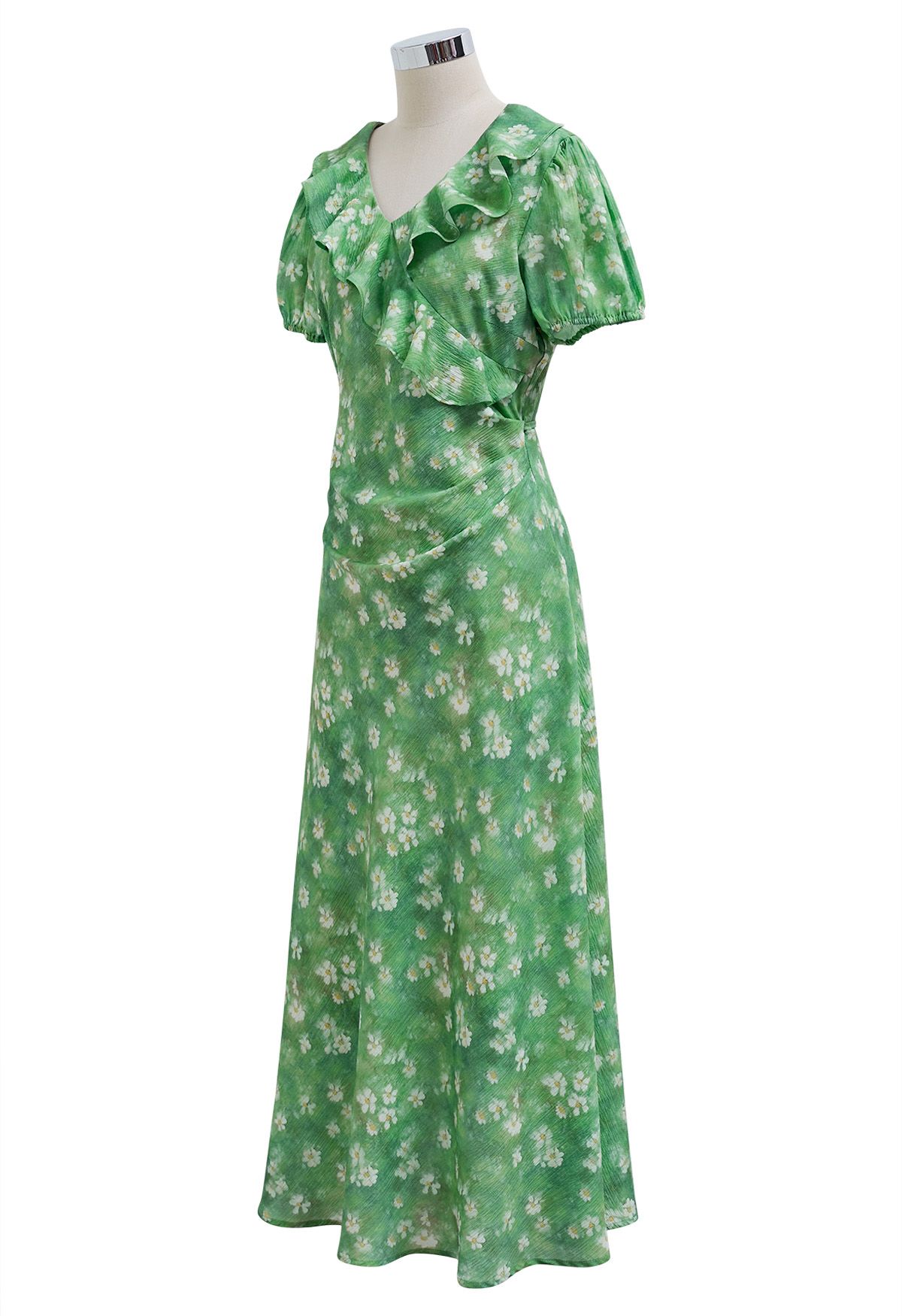 Daisy Printed Ruffle Trim Maxi Dress in Green