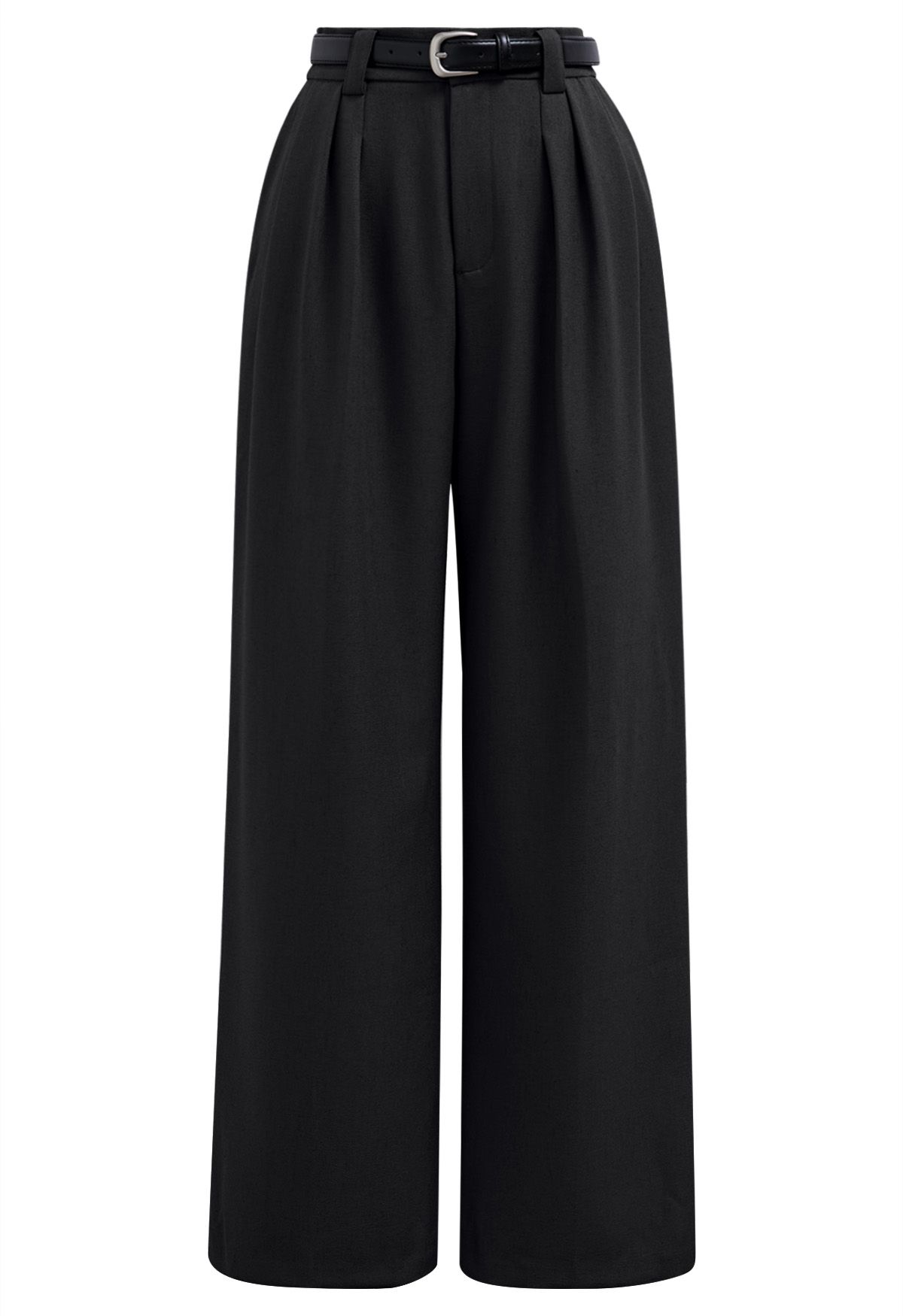 Faux Leather Belt Straight-Leg Pants in Black