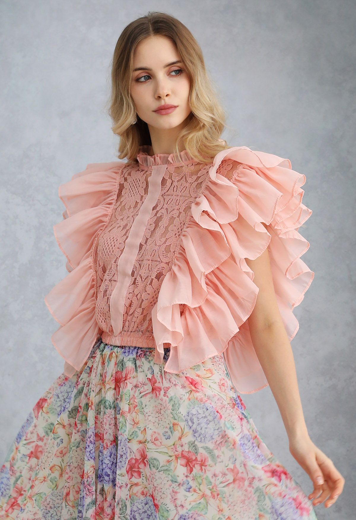 Tiered Ruffle Sleeveless Lace Crop Top in Nude Pink