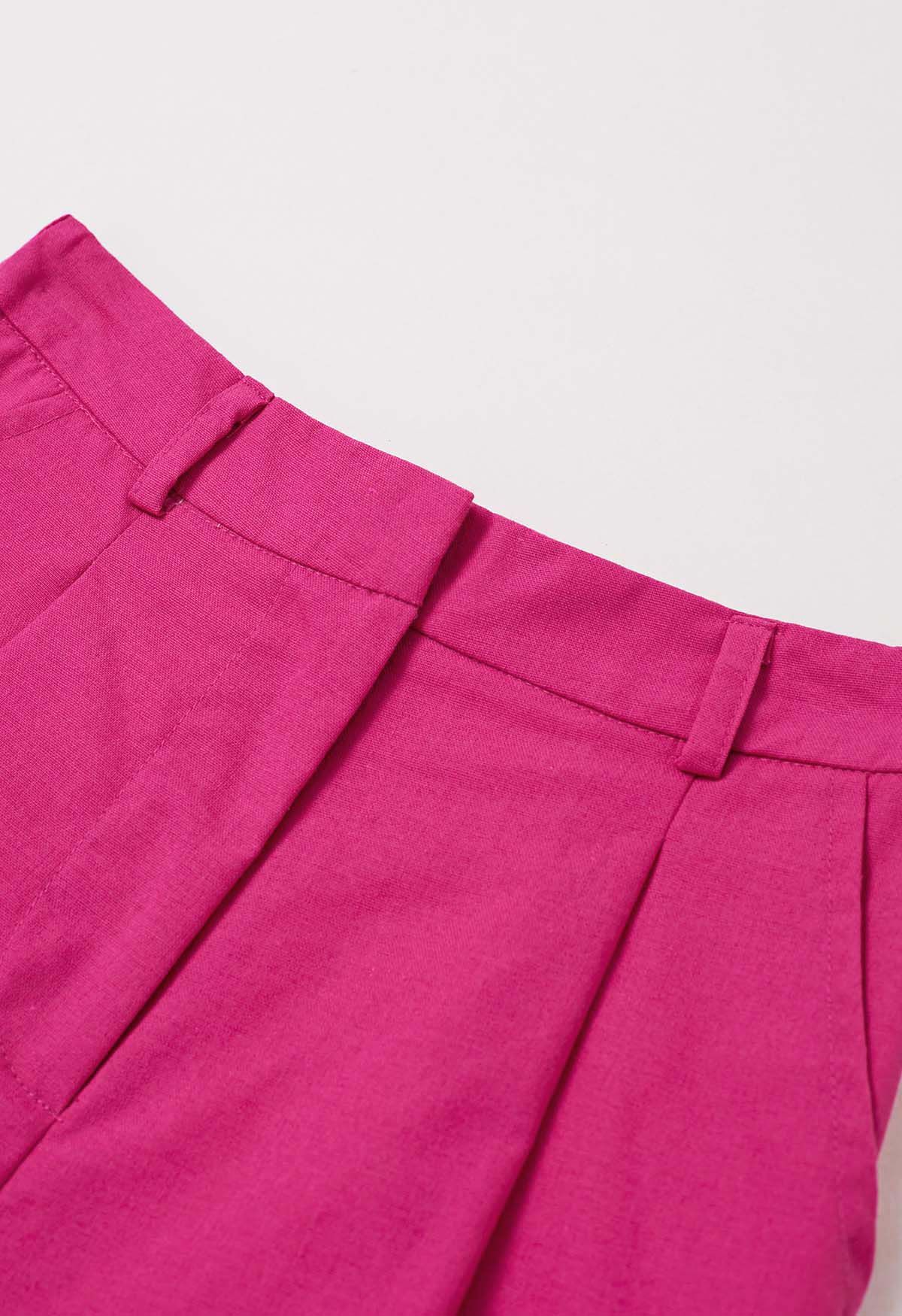 Side Pocket Pleated Linen-Blend Shorts in Hot Pink