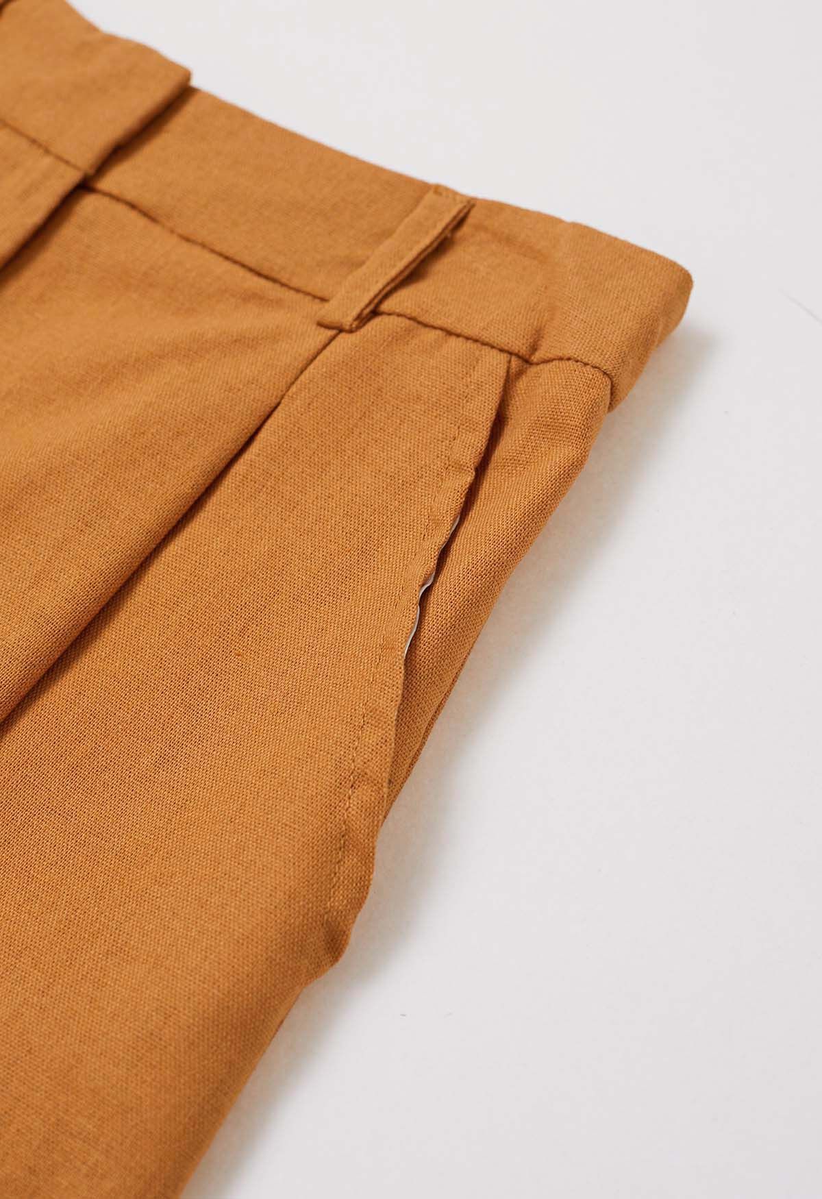 Side Pocket Pleated Linen-Blend Shorts in Pumpkin