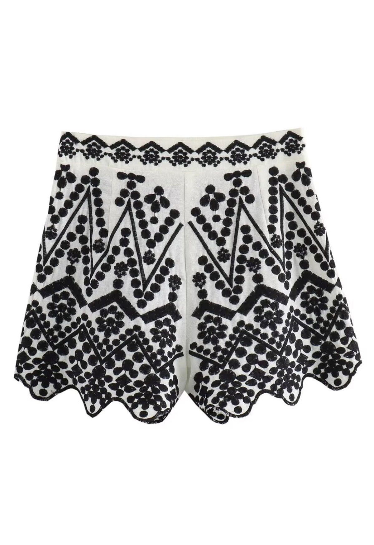 Geometric Floral Embroidered Scalloped Hem Shorts