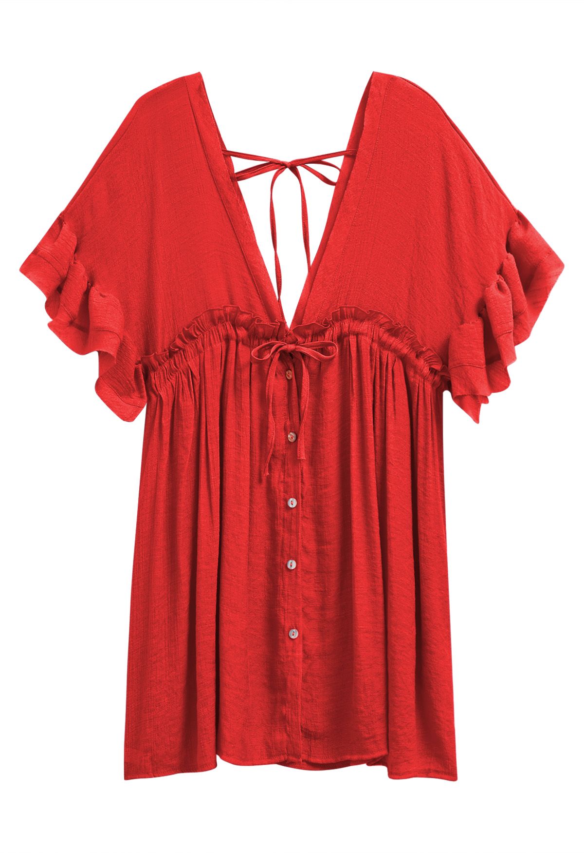 Deep V-Neck Flounce Sleeve Buttoned Cover-Up in Red