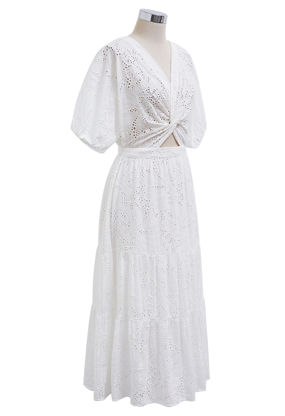 V-Neck Twist Front Eyelet Embroidery Midi Dress