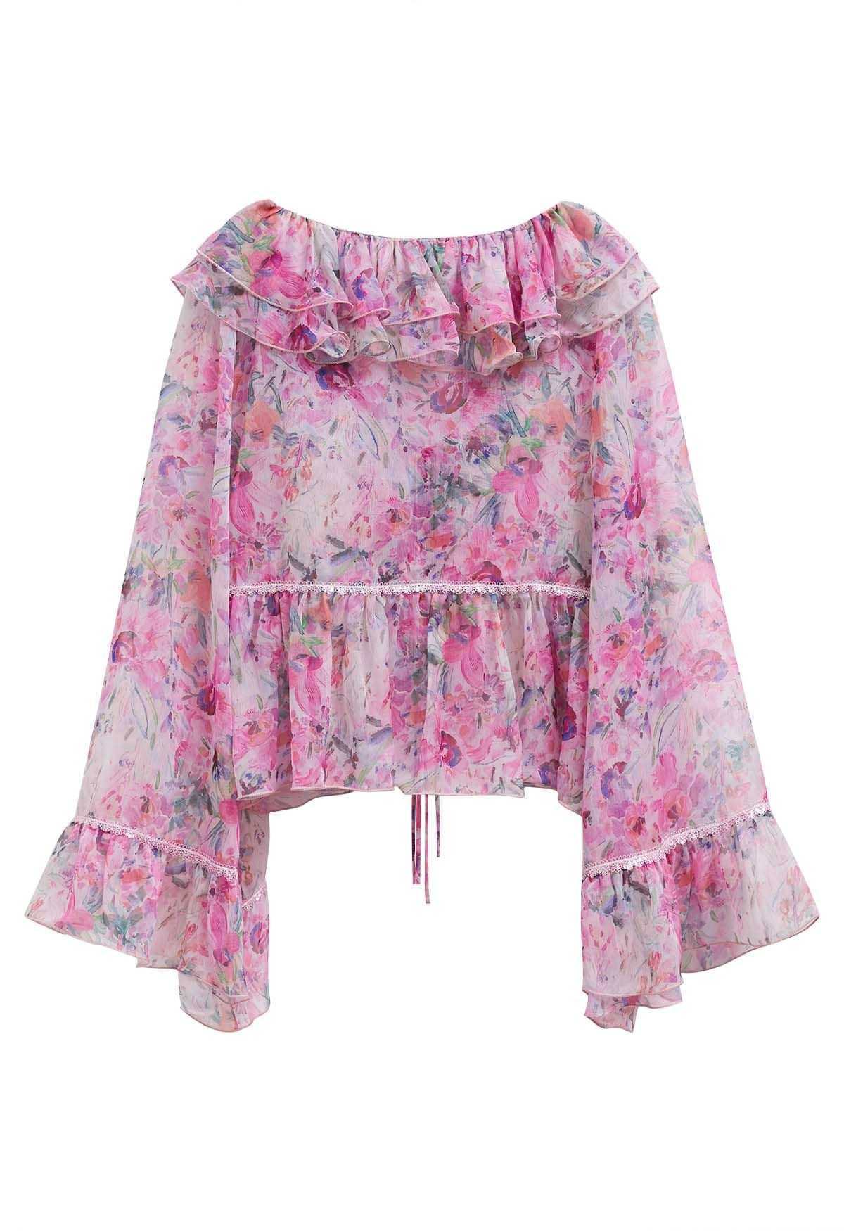 Watercolor Floral Ruffle Bell Sleeve Sheer Top in Pink