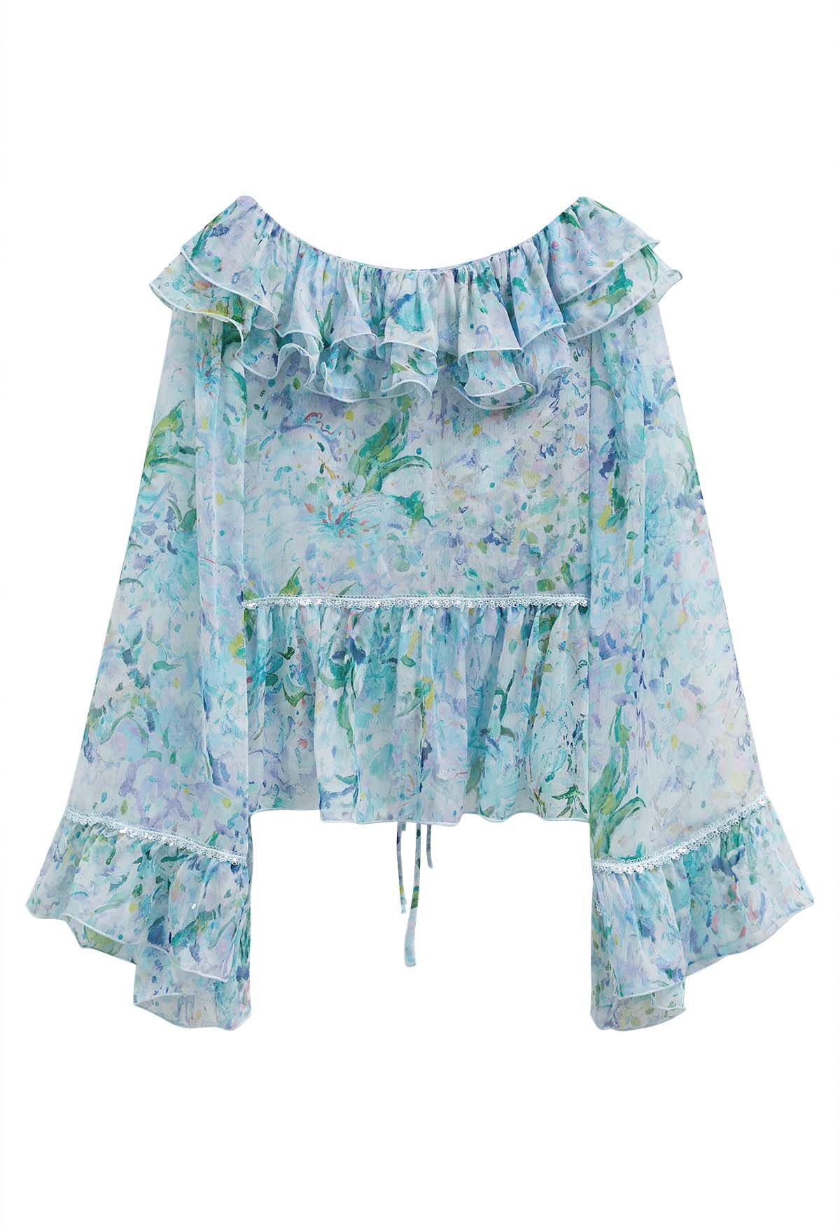 Watercolor Floral Ruffle Bell Sleeve Sheer Top in Blue