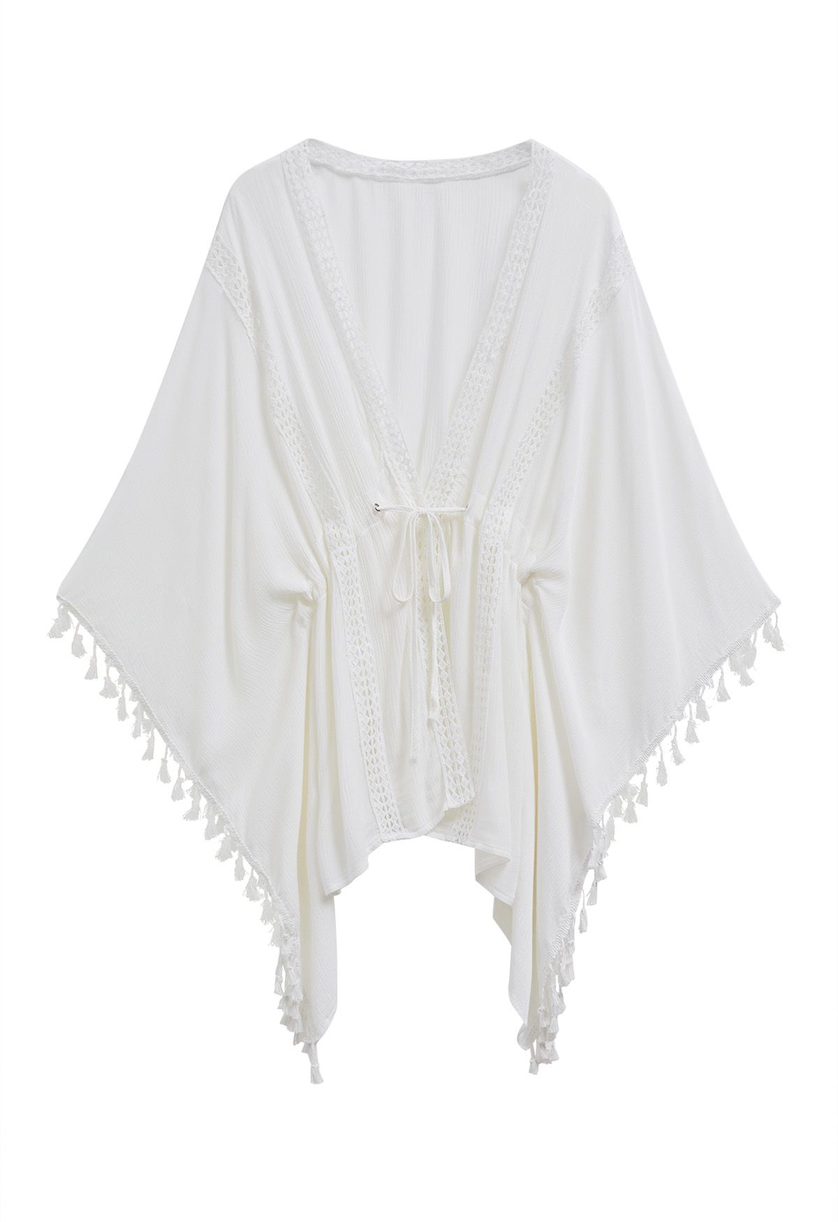 Tassel Batwing Sleeve Waist Tie Cover-Up Dress in White