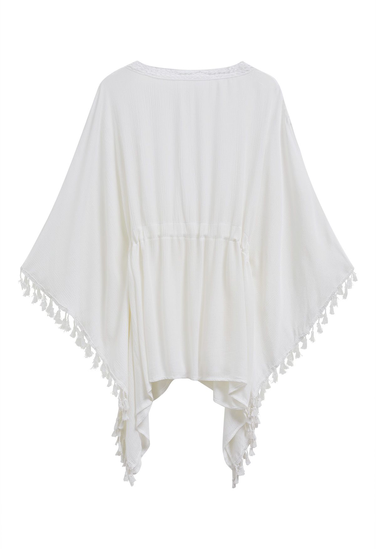 Tassel Batwing Sleeve Waist Tie Cover-Up Dress in White