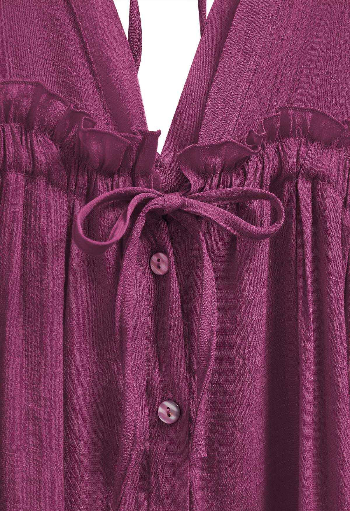 Deep V-Neck Flounce Sleeve Buttoned Cover-Up in Purple