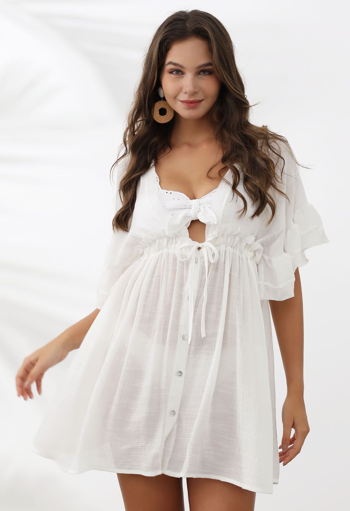 Deep V-Neck Flounce Sleeve Buttoned Cover-Up in White