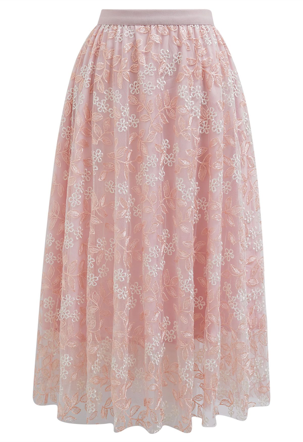 Floral Leaf Embroidered Mesh Tulle Midi Skirt in Pink