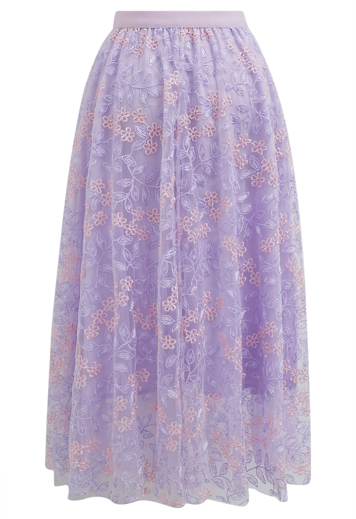 Floral Leaf Embroidered Mesh Tulle Midi Skirt in Lilac