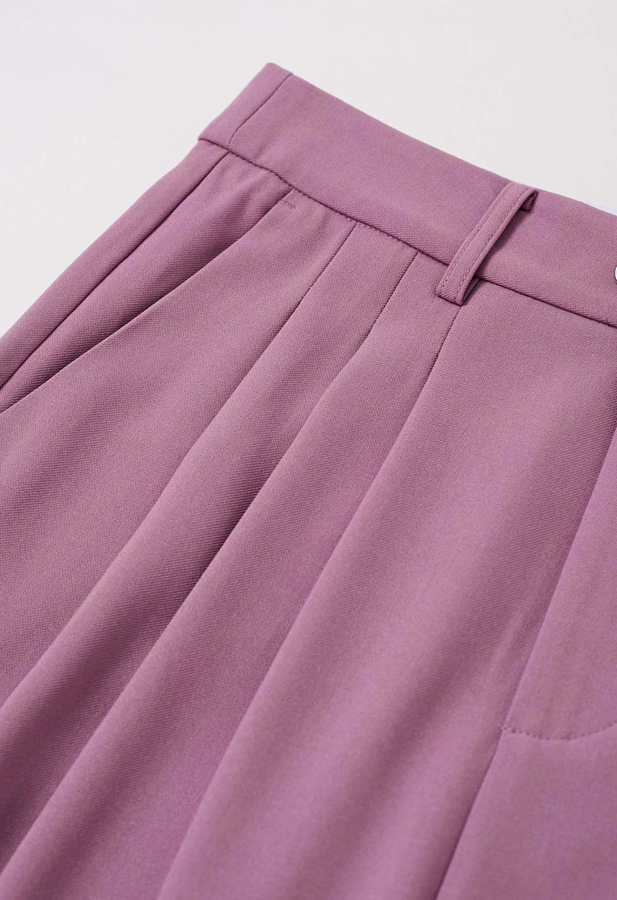 Adjustable Belt Pleated Straight-Leg Pants in Violet